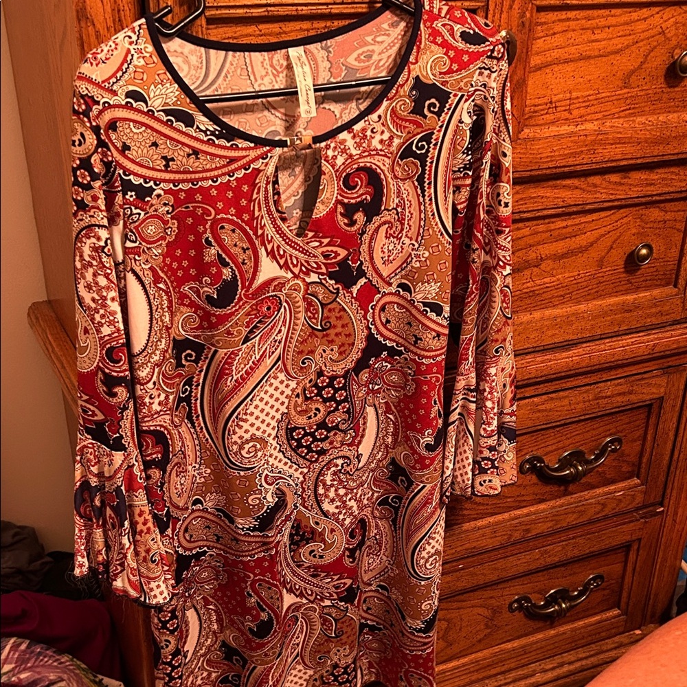 Paisley Long Sleeve Dress - Red and White